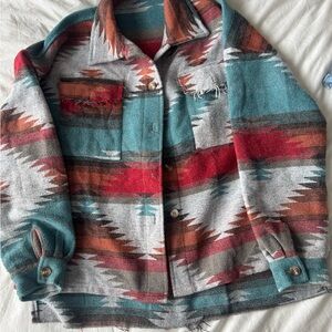 Southwestern Pattern Button-Up Jacket in Teal, Red & Brown - Aztec